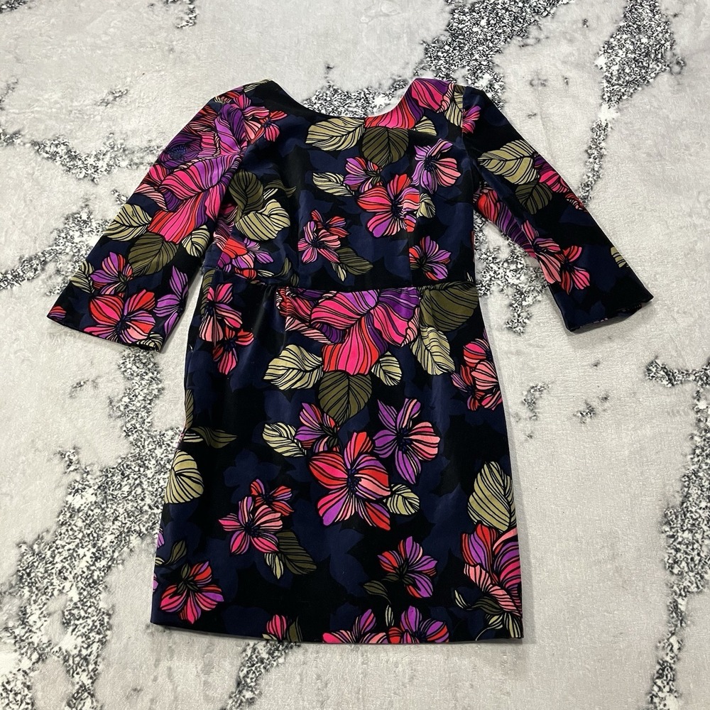 Trina Turk Floral Shift Dress Women Size 10 Navy Pink Long Sleeve Sheath Stretch